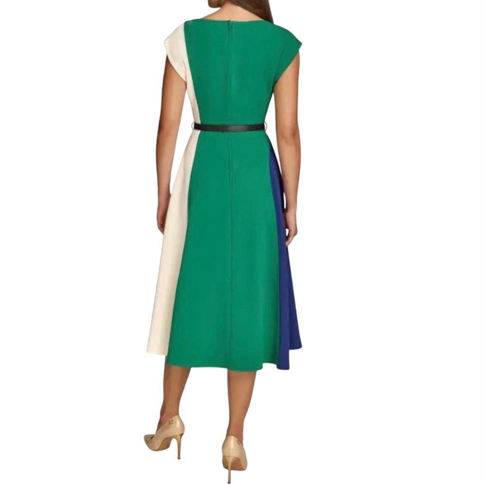 DONNA KARAN NEW YORK Color Block Midi Dress Cap Sleeve Boat Neck A Line Size 8 - Picture 3 of 10